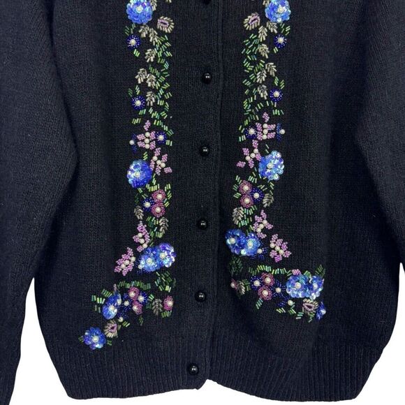 Vintage Silk Angora Rabbit Cardigan Sweater Small Black Floral Beaded Sequins - Picture 4 of 8